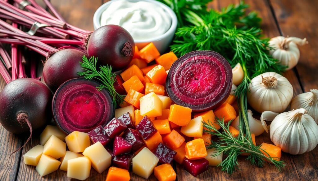 Burokėlių sriubos ingredientai