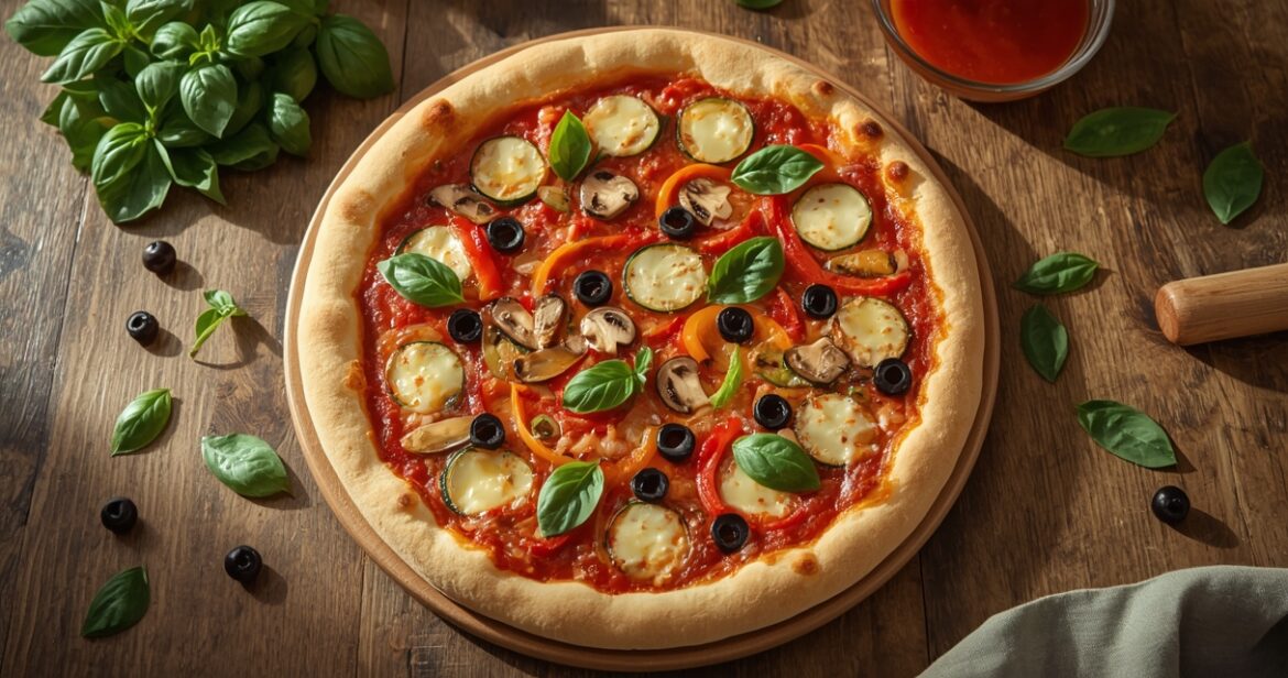 Veganiškos picos receptas su daržovėmis ir augaliniu sūriu