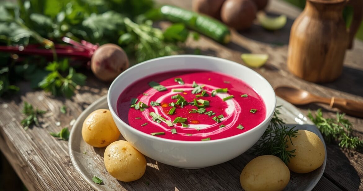 Veganiškų šaltibarščių receptas su burokėliais ir agurkais