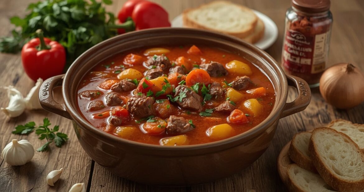 Vengriško jautienos guliašo receptas su paprika ir daržovėmis