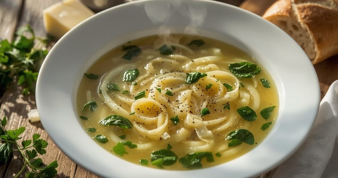 Itališkos stracciatella kiaušinių sriubos receptas su parmezanu