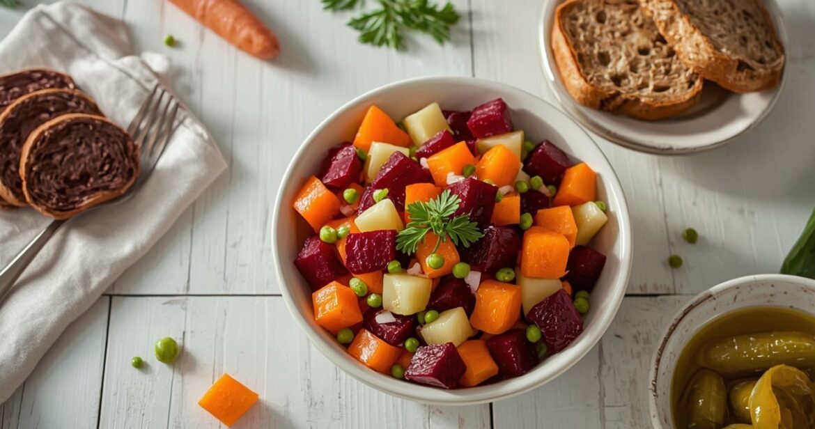 Klasikinės burokėlių mišrainės receptas su bulvėmis ir žirneliais