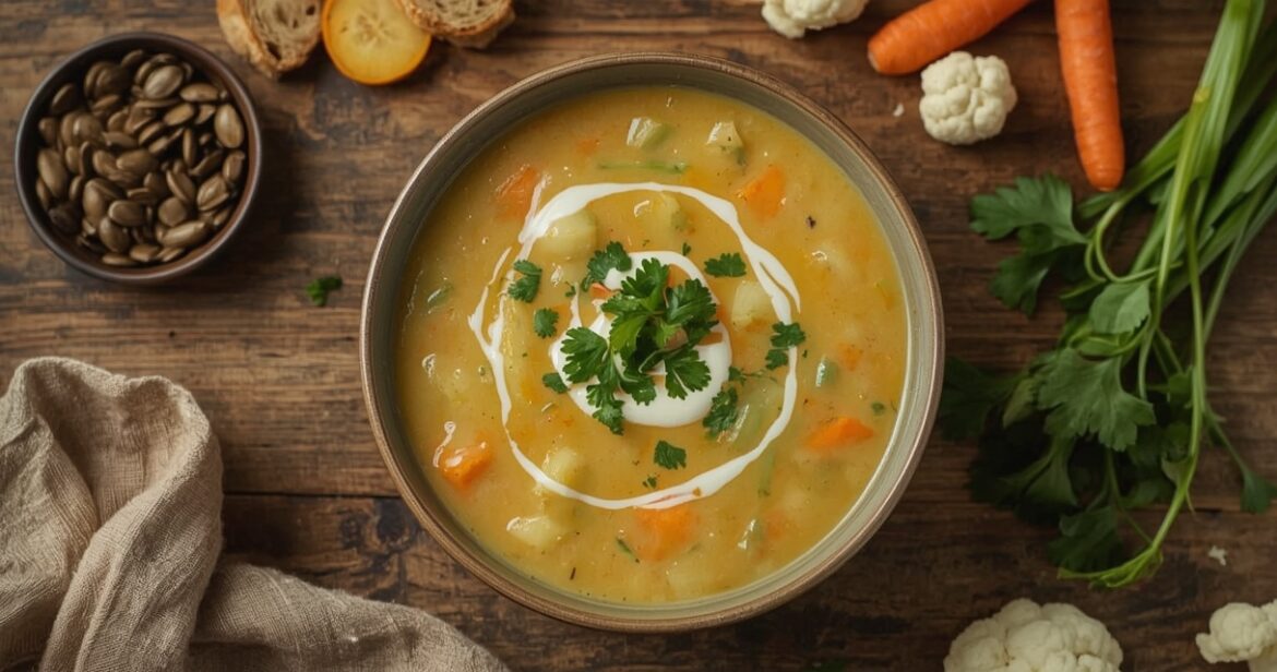 Tirštos daržovių sriubos receptas su grietinėle ir sultiniu