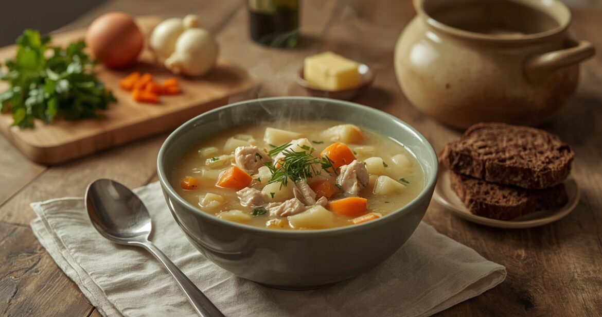 Tirštos vištienos ir daržovių sriubos receptas