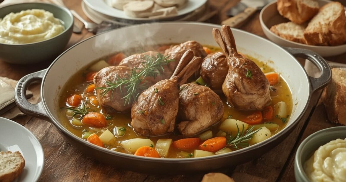 Klasikinės keptos triušienos receptas su daržovėmis ir žolelėmis