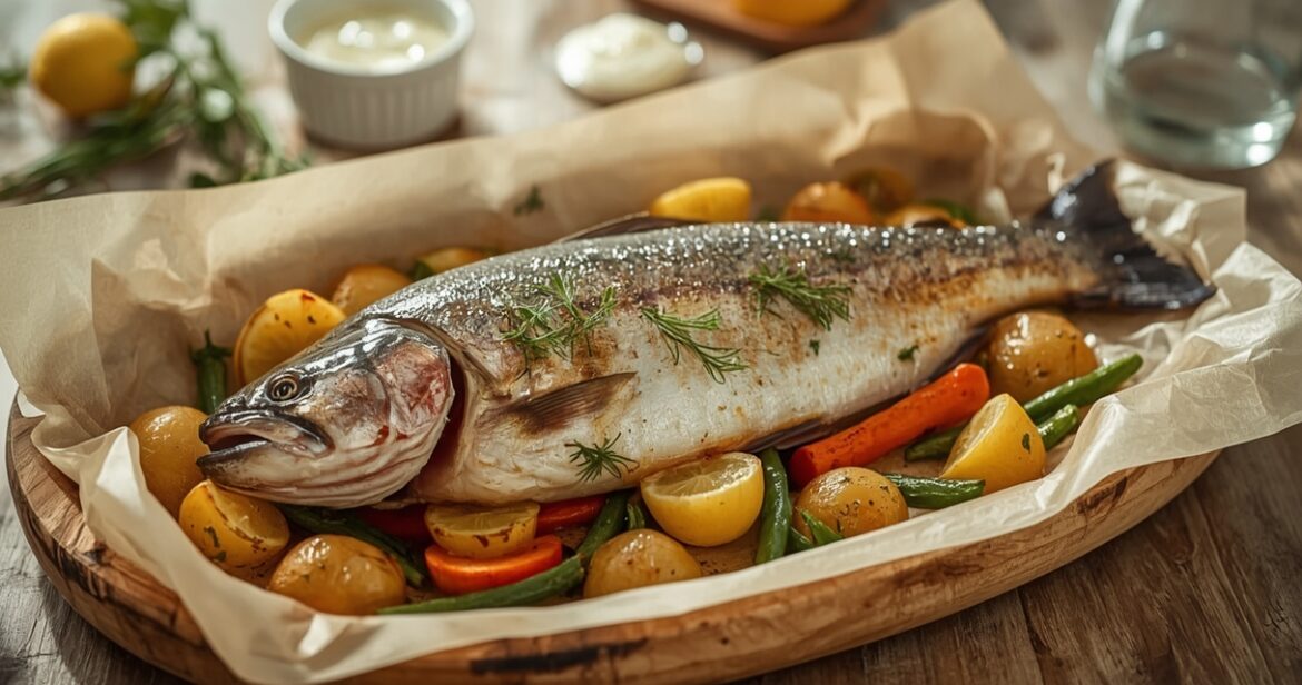 Orkaitėje kepto upėtakio receptas su citrina ir žolelėmis