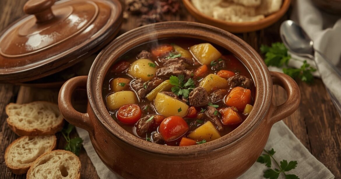 Tikrų jautienos čenachų receptas su daržovėmis ir pupelėmis