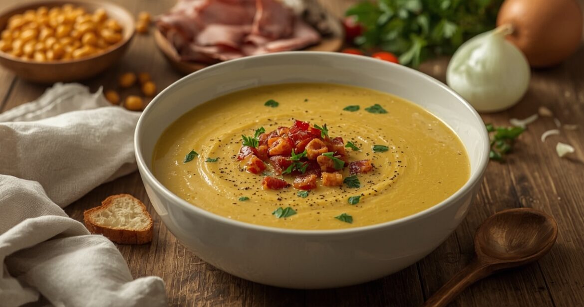 Trintų žirnių sriubos receptas su rūkyta šonine