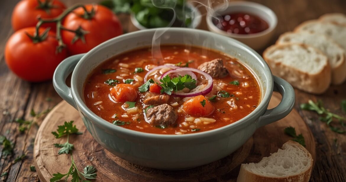 Jautienos charčio sriubos receptas su ryžiais ir pomidorais