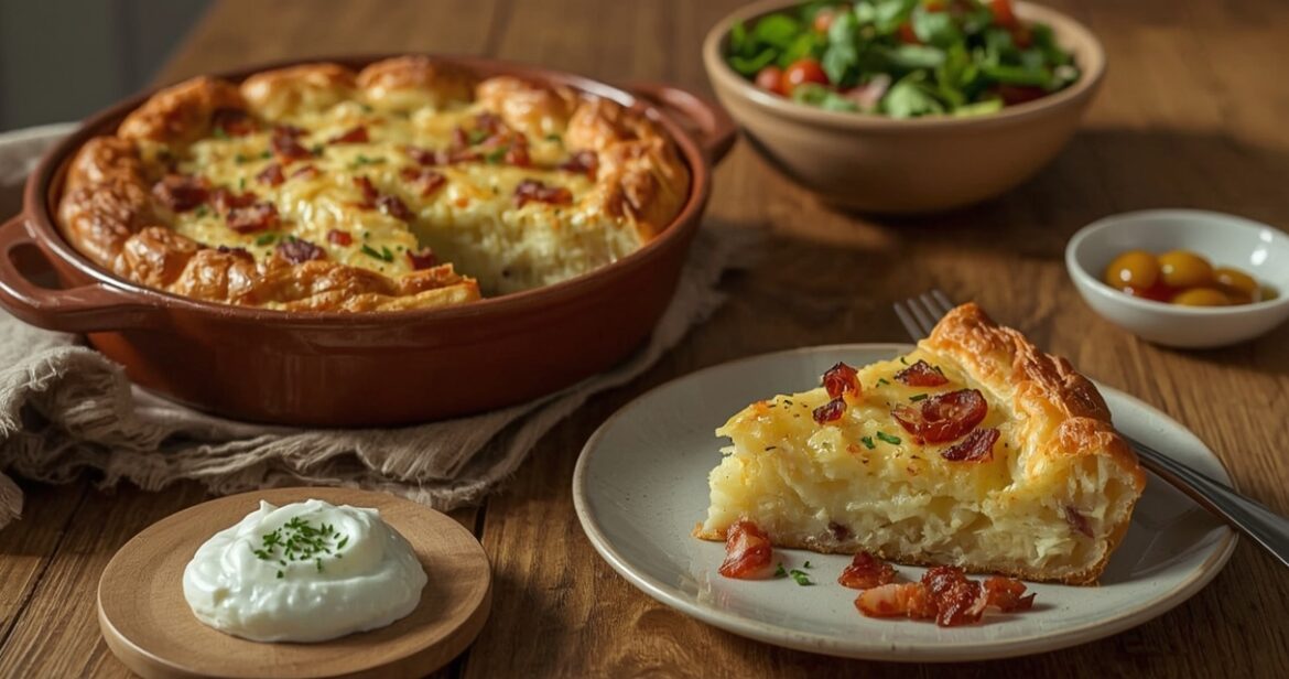 Tarkuotų bulvių kugelio receptas su šonine ir grietine