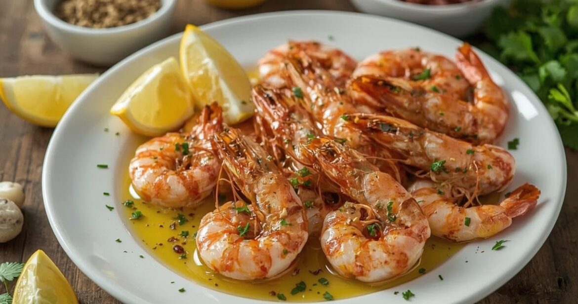 Tigrinių krevečių receptas keptuvėje su česnaku ir citrina