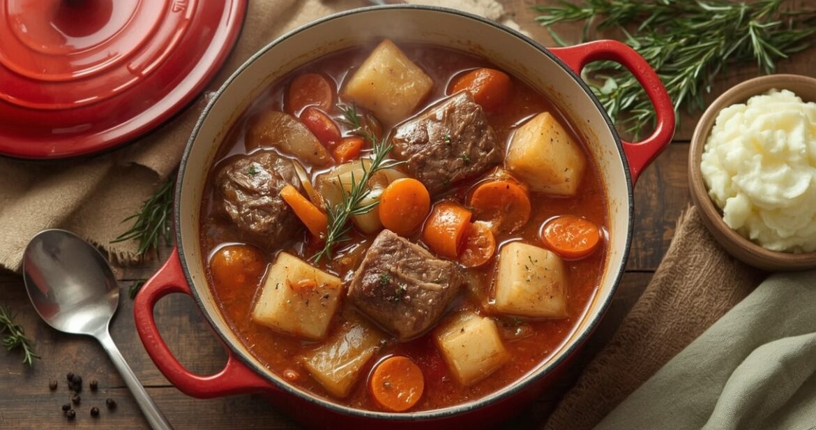 Troškintos kiaulienos receptas su daržovėmis ir sodriu padažu