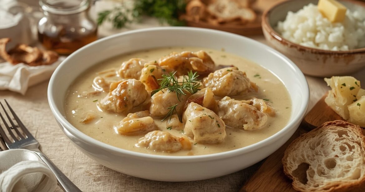 Troškintos vištienos su grietinėle receptas šeimos vakarienei