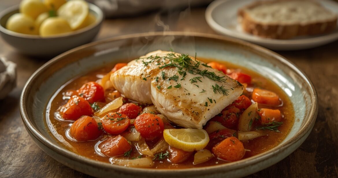 Troškintos žuvies receptas su daržovėmis ir pomidorais