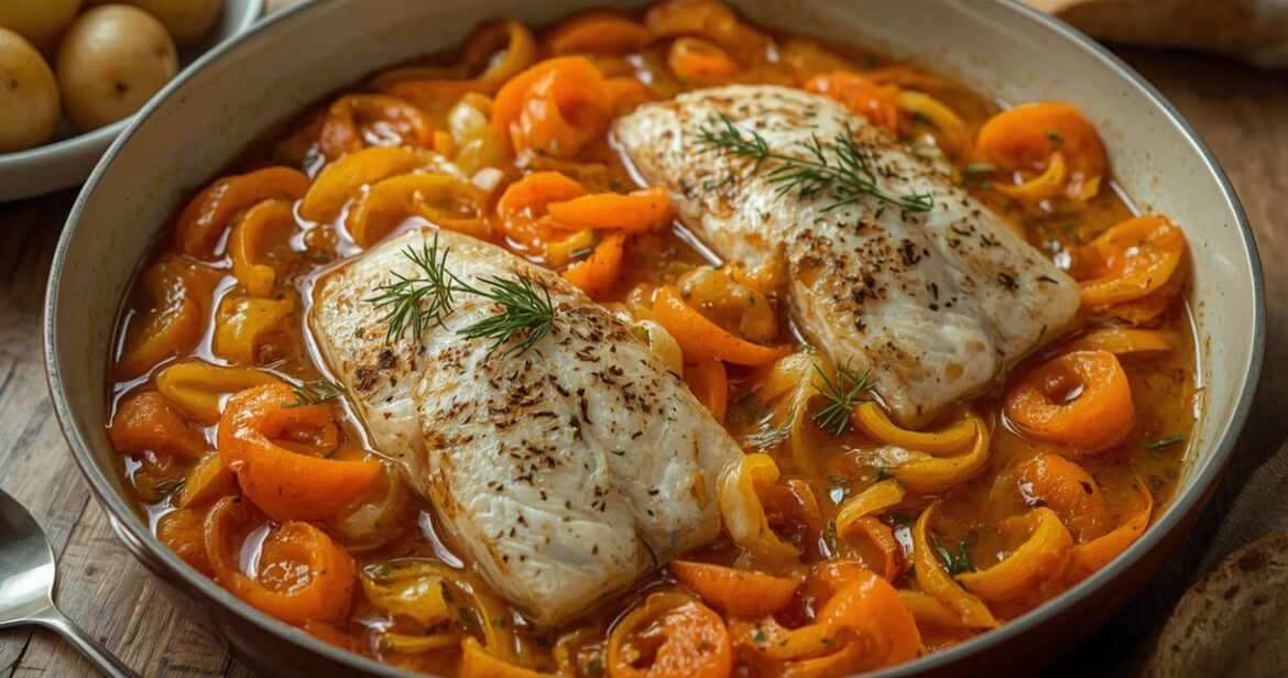 Troškintos žuvies receptas su morkomis ir svogūnais