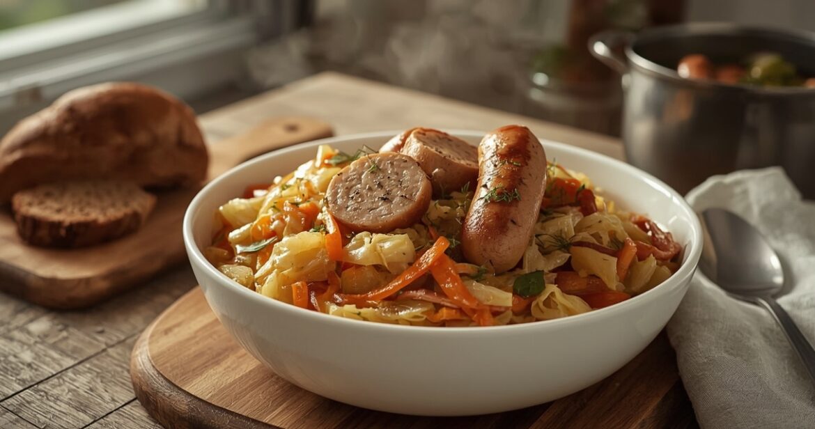 Troškintų kopūstų ir dešrelių receptas sočiai vakarienei