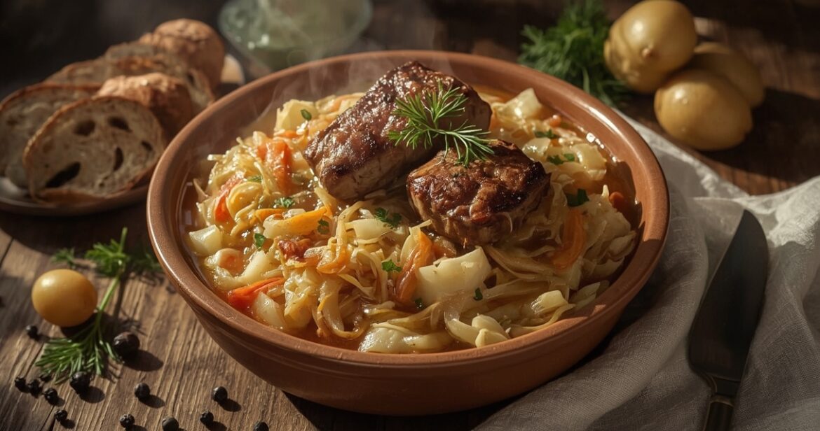 Troškintų kopūstų receptas su šonkauliukais ir daržovėmis