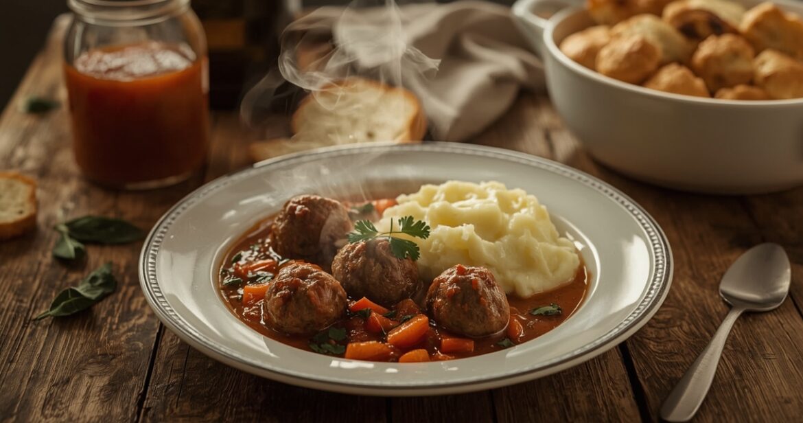 Troškintų mėsos kukulių receptas su daržovių padažu