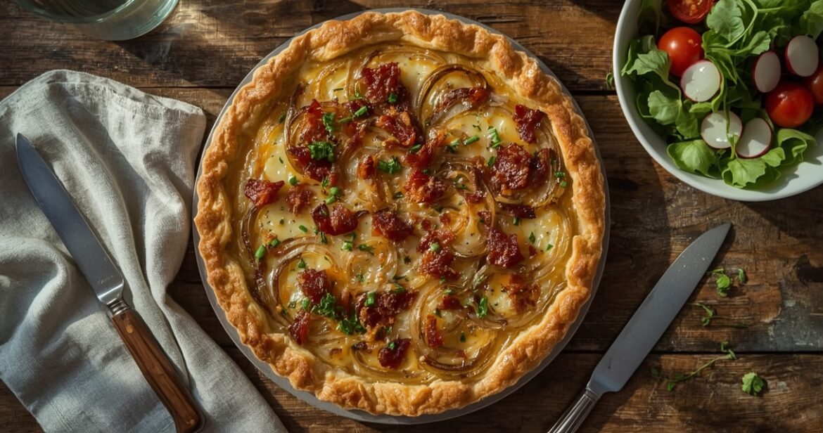 Svogūnų pyrago receptas su sūriu ir traškia tešla