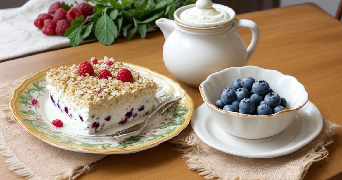 Sveiko varškės apkepo receptas su uogomis ir avižiniais miltais